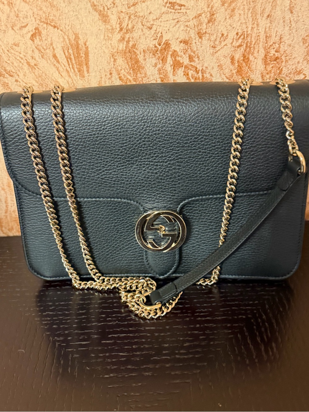 Gucci Black Pebbled Leather Crossbody with Gold Chain